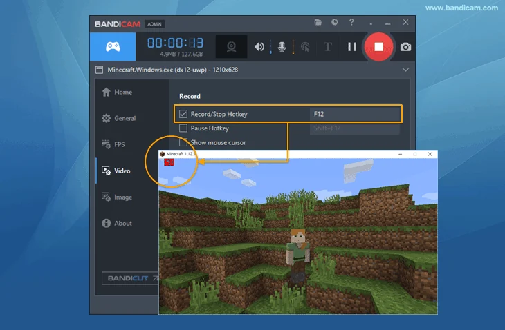 Начало записи игры в Bandicam и индикатор FPS