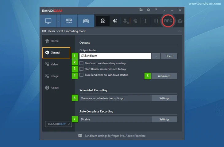 Основные настройки Bandicam и папка сохранения