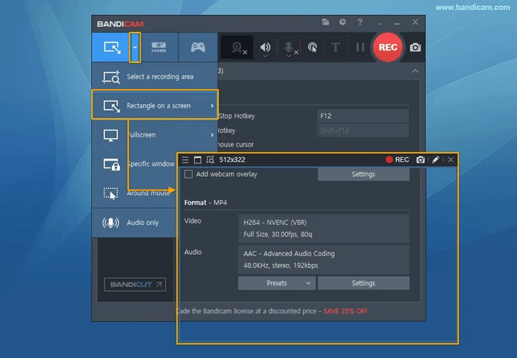 Выбор прямоугольной области экрана в Bandicam