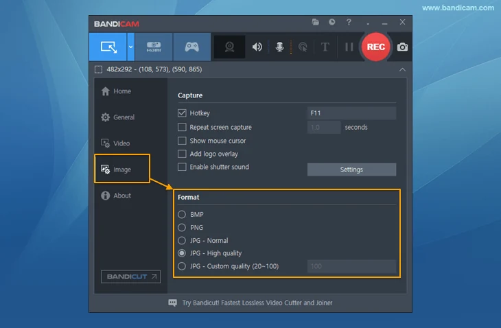 Выбор формата скриншотов PNG, JPG и BMP в Bandicam